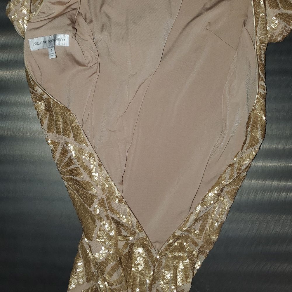 Dress The Population Emery Long Sleeve Blush Gold Sequin Open Back Dress Deco S - Picture 9 of 16